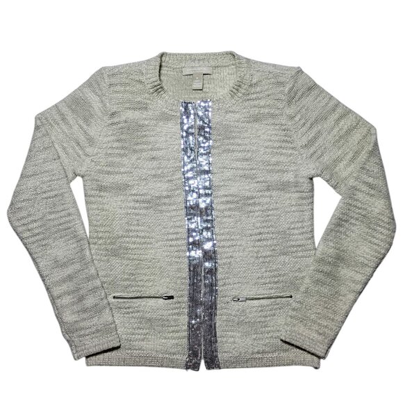 Banana Republic 100% Merino Wool Beige Cardigan Sweater M Sequins Soft Classic - Picture 1 of 10